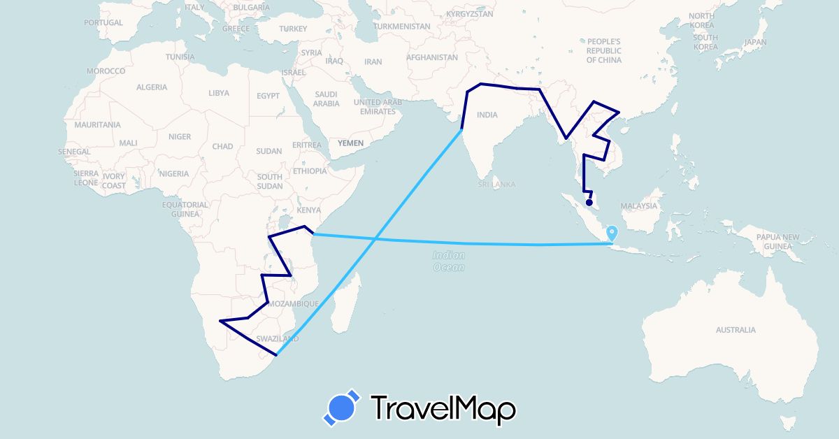 TravelMap itinerary: driving, boat in Bhutan, Botswana, China, Indonesia, India, Kenya, Cambodia, Laos, Myanmar (Burma), Malawi, Malaysia, Namibia, Nepal, Thailand, Tanzania, Vietnam, South Africa, Zambia, Zimbabwe (Africa, Asia)