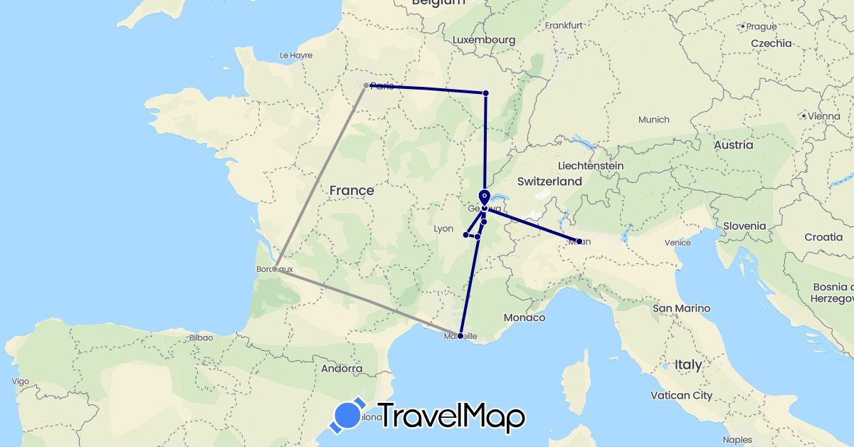 TravelMap itinerary: driving, plane in Switzerland, France, Italy (Europe)